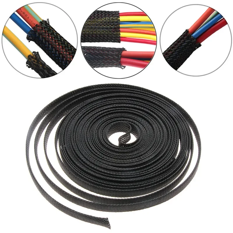 3m/9.85ft PET Expandable Braided Sleeving Flexible Wire Mesh Sleeve Black For TV Audio PC Cords Protect From Pets Chewing