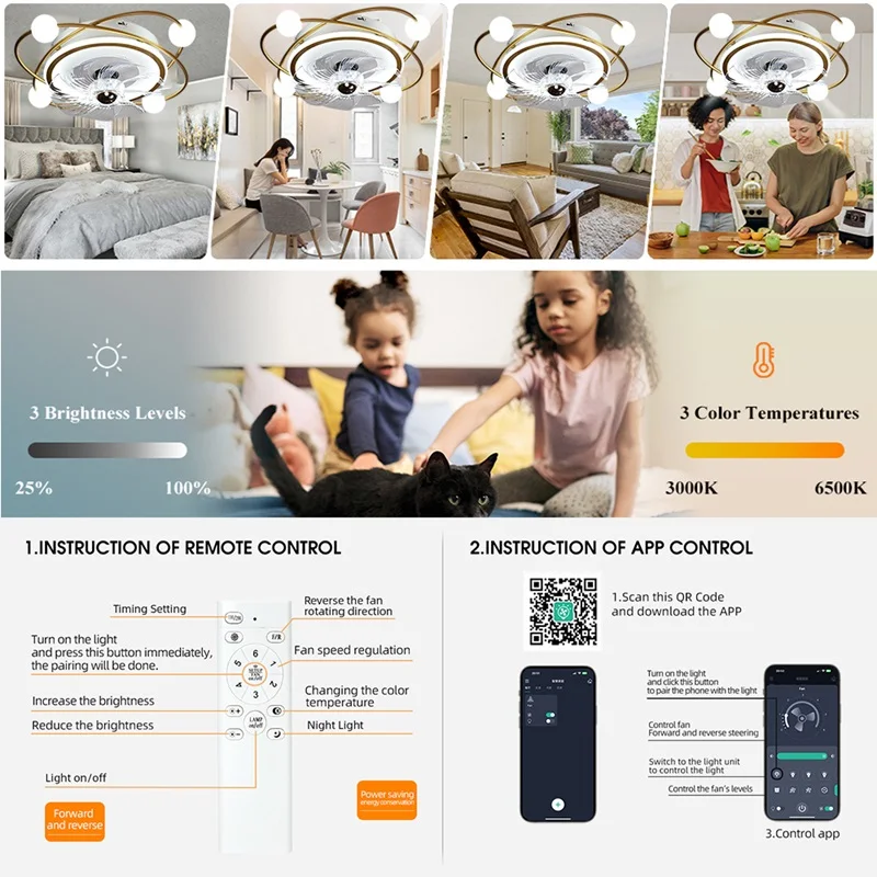 جيلينا الشمال مروحة السقف الذكية مع أضواء التحكم عن بعد بار غرفة المعيشة ديكور غرفة نوم الإبداعية 6 سرعة المروحة أضواء مروحة LED