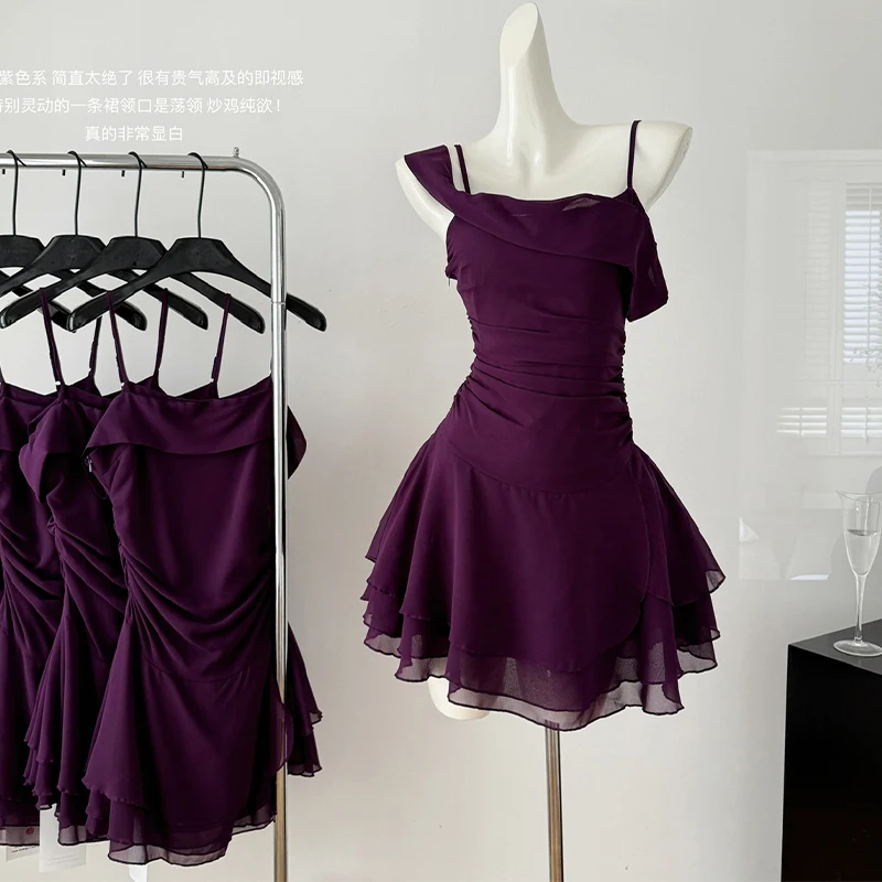 

Women Purple A-line Evening Dress Vintage Elegant Dresses Y2k Off Shoulder Sleeveless Party Club One Piece Frocks 2000s Clothes