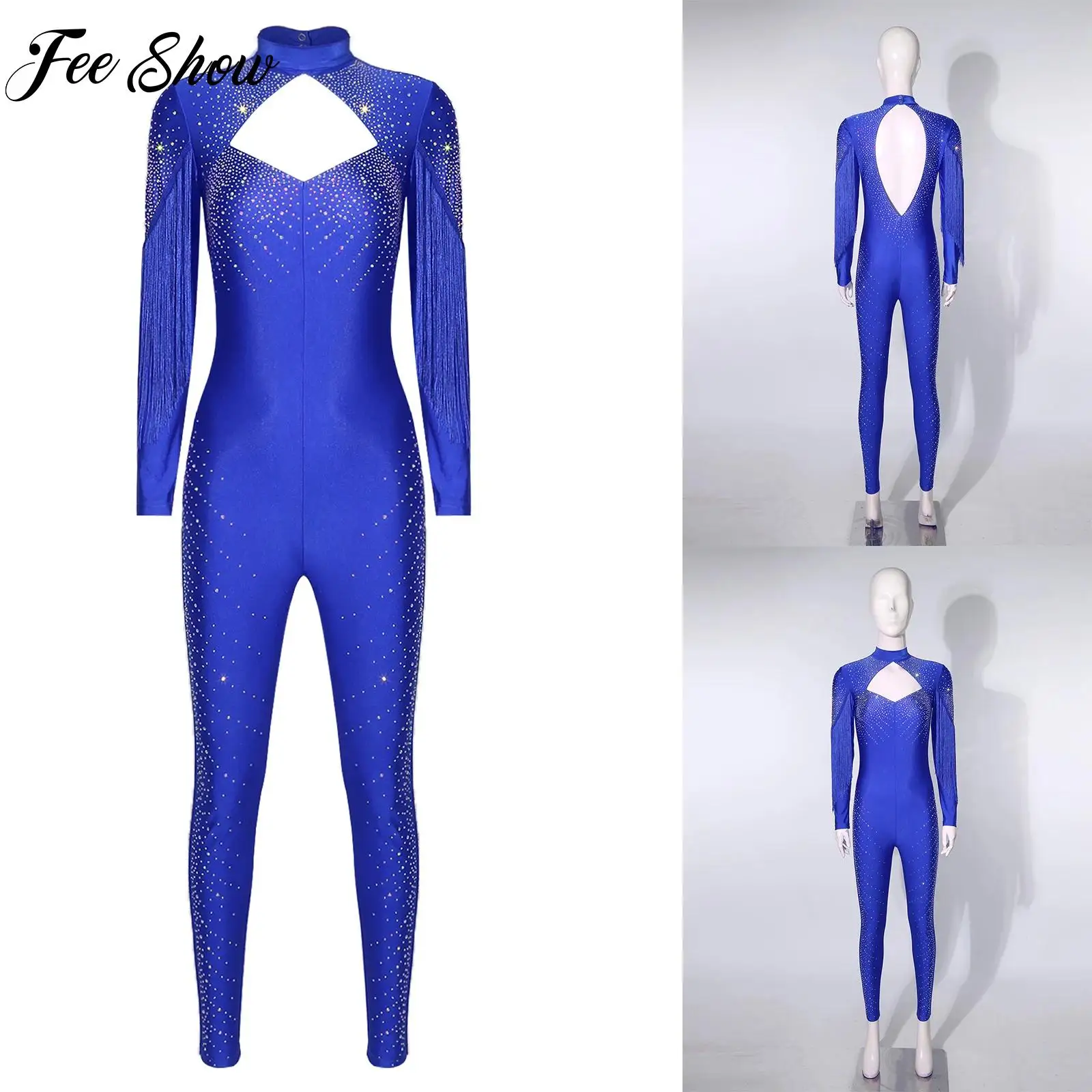 

Adults Womens Rhinestone Figure Ice Skating Jumpsuit Tassel One-piece Rompers Bodysuit for Ballet Latin Modern Dance Gymnastics