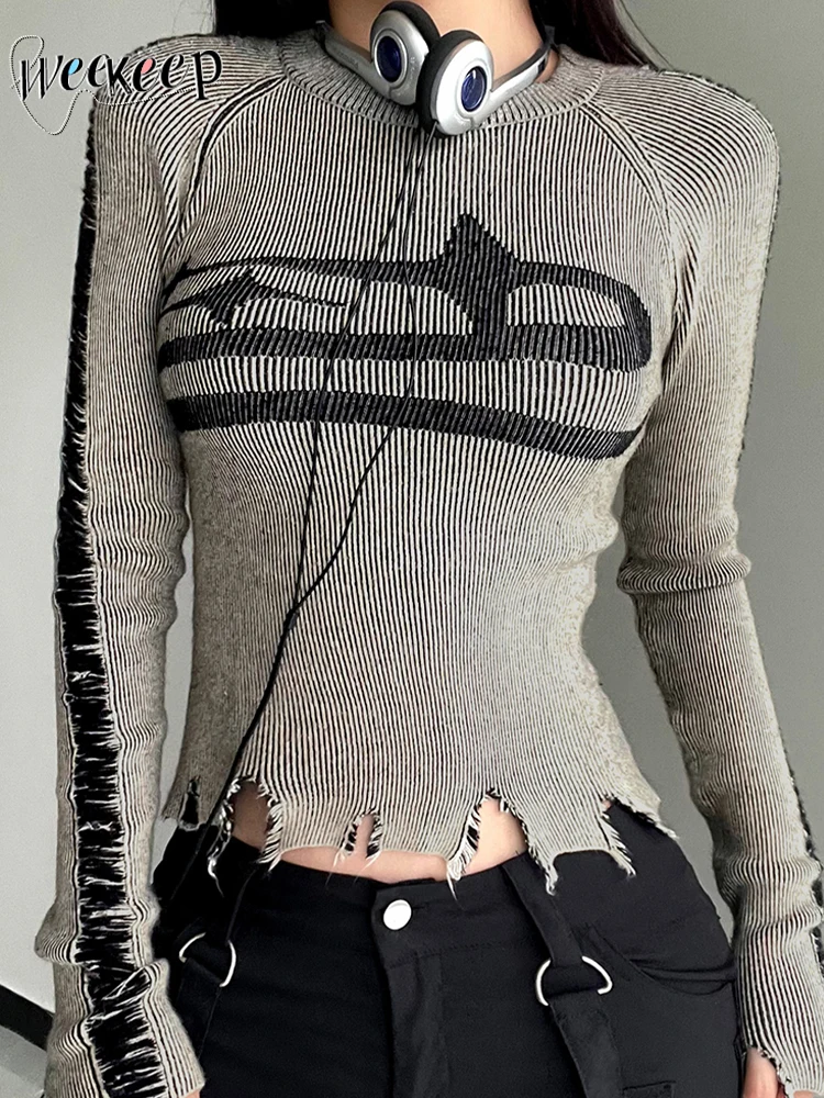 Weekeep zerrissener Vintage-Pullover Harajuku Patchwork Print Langarm pullover für Frauen Herbst Winter Basic Pullover Street Style