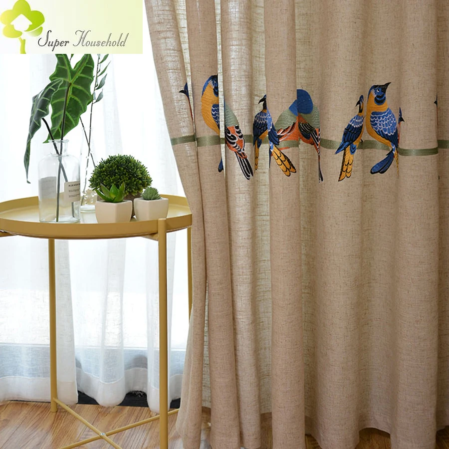 Modern Embroidered Bird Curtains Living Room Cotton Linen Window Tulle for Kid Bedroom Elegant White Sheer Curtain for Kitchen