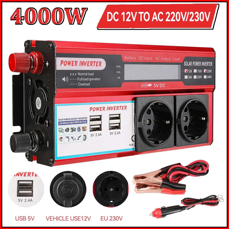 Onduleur de puissance 4000W, transformateur DC 12V à AC 220V 230V avec 4 prises USB EU, Charge avec affichage LED
