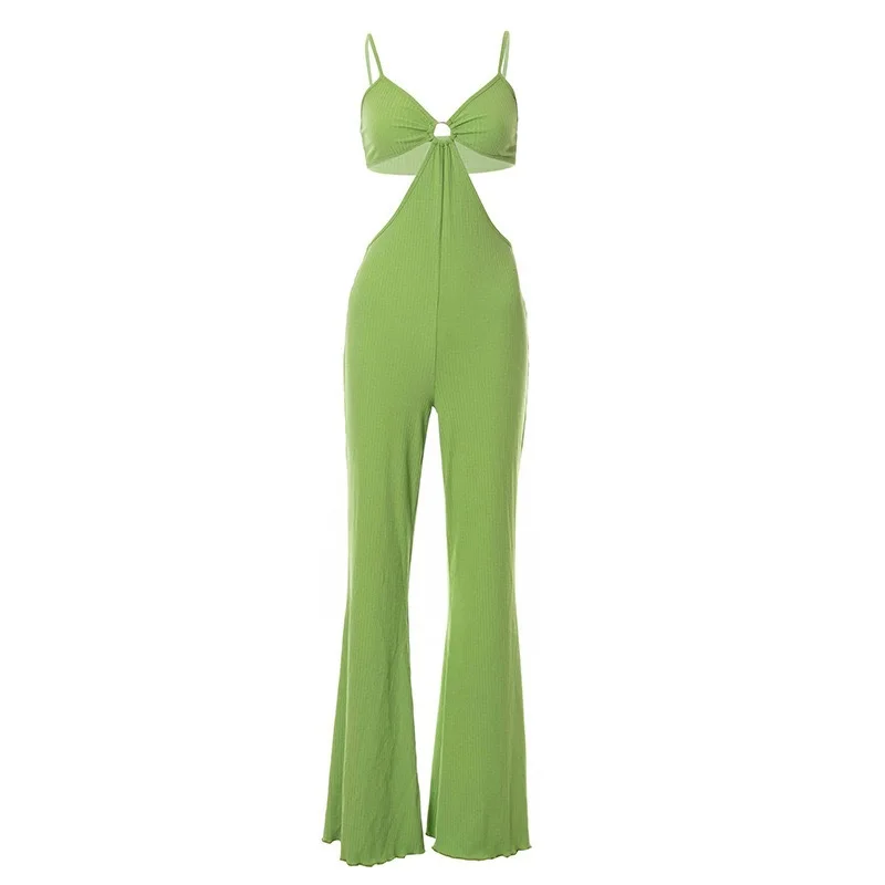 Solid Color Jumpsuits For Women Spaghetti Strap Low Cut Slim Hollow Out Sexy Wide Leg Playsuits Ladies 2023 Summer Beach Party