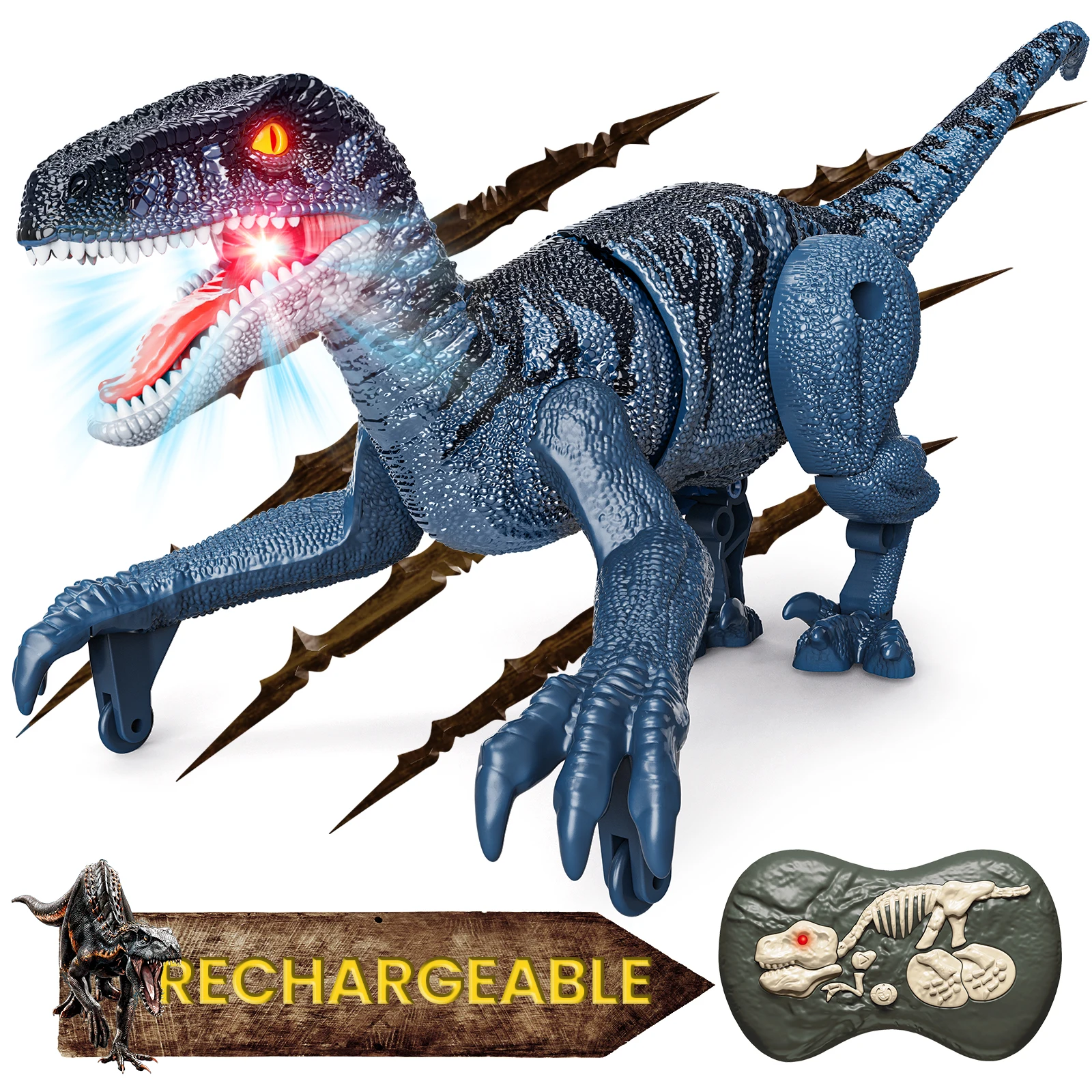 Tecnock Afstandsbediening Dinosaurus, Mini Dinosaurus Speelgoed, 2.4Ghz Walking Rc Robot Dinosaurus Met Lichten, Geschenken Voor Kinderen Jongen Meisje Blauw