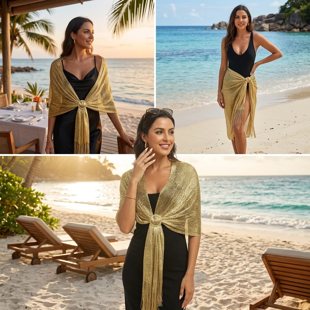Fringed Shawl Shimmering Beach Towel Scarf for Vacation Evening Party Wedding Decoration Elegant Metallic Wrap Accessories