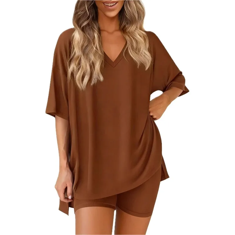 

Women's Loungewear Set Summer New Fashion Casual V-neck Solid Color Loose Pajamas Set