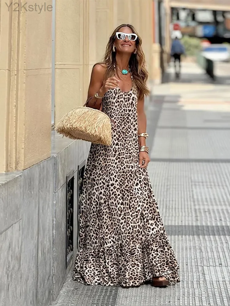 

Women's Long Leopard Printed Dress Fashion Sleeveless Backless Suspender Loose Robes 2024 Summer Leisure Vacation Maxi Dresses