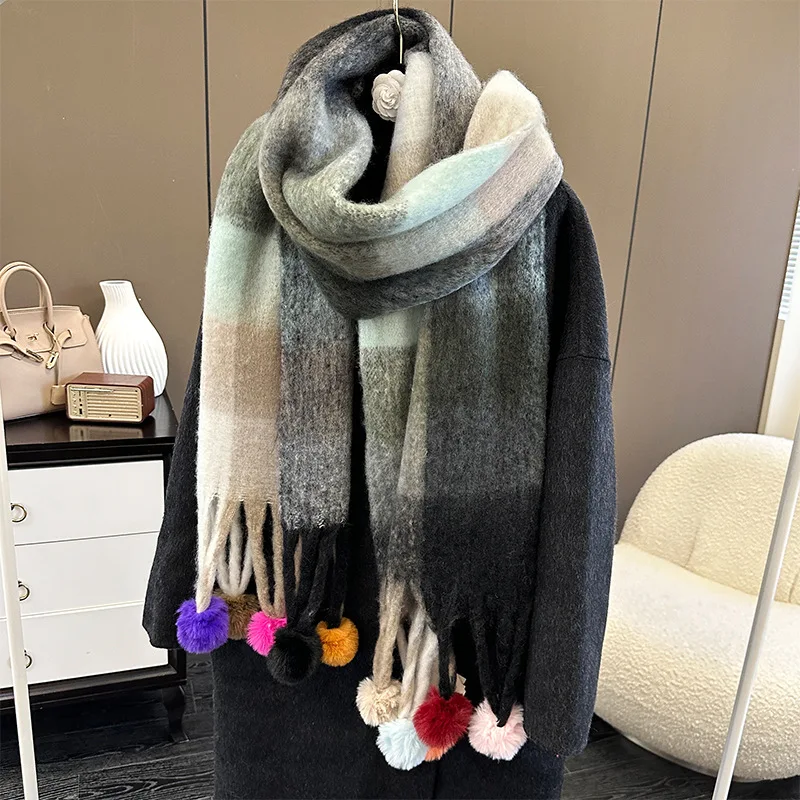 Checkered Thick Scarf Winter Warm Cashmere Scarf Rainbow Hairy Women\'s Serve Scarf Women\'s Tassel Shawl