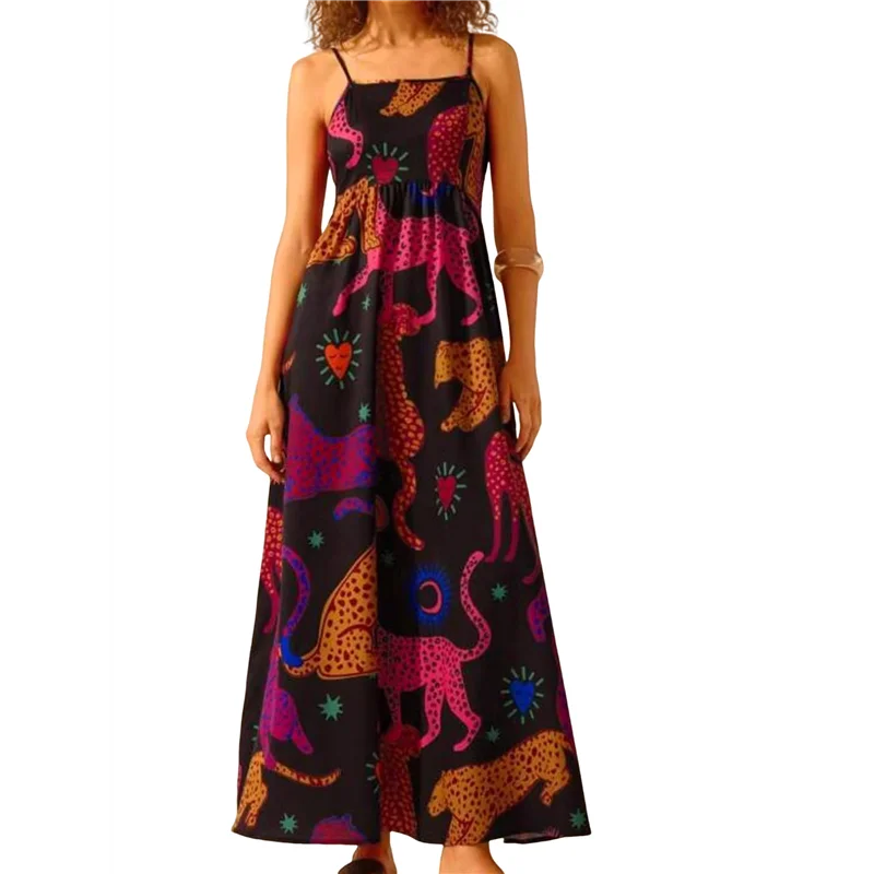 Abito lungo floreale estivo da donna 2025 senza maniche con cinturino per spaghetti stampato abito lungo da spiaggia Boho smock