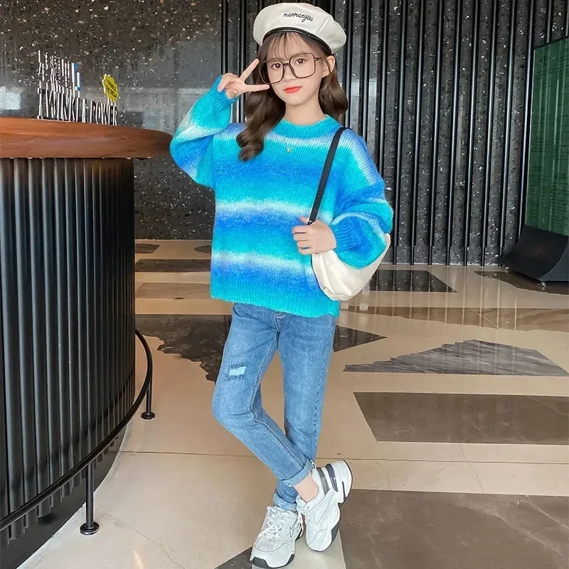 Rainbow Kids Sweaters for Girls Autumn Winter Teen Knitted Clothes Children's Warm Sweaters Coats Costume For Girls 4-13 Years