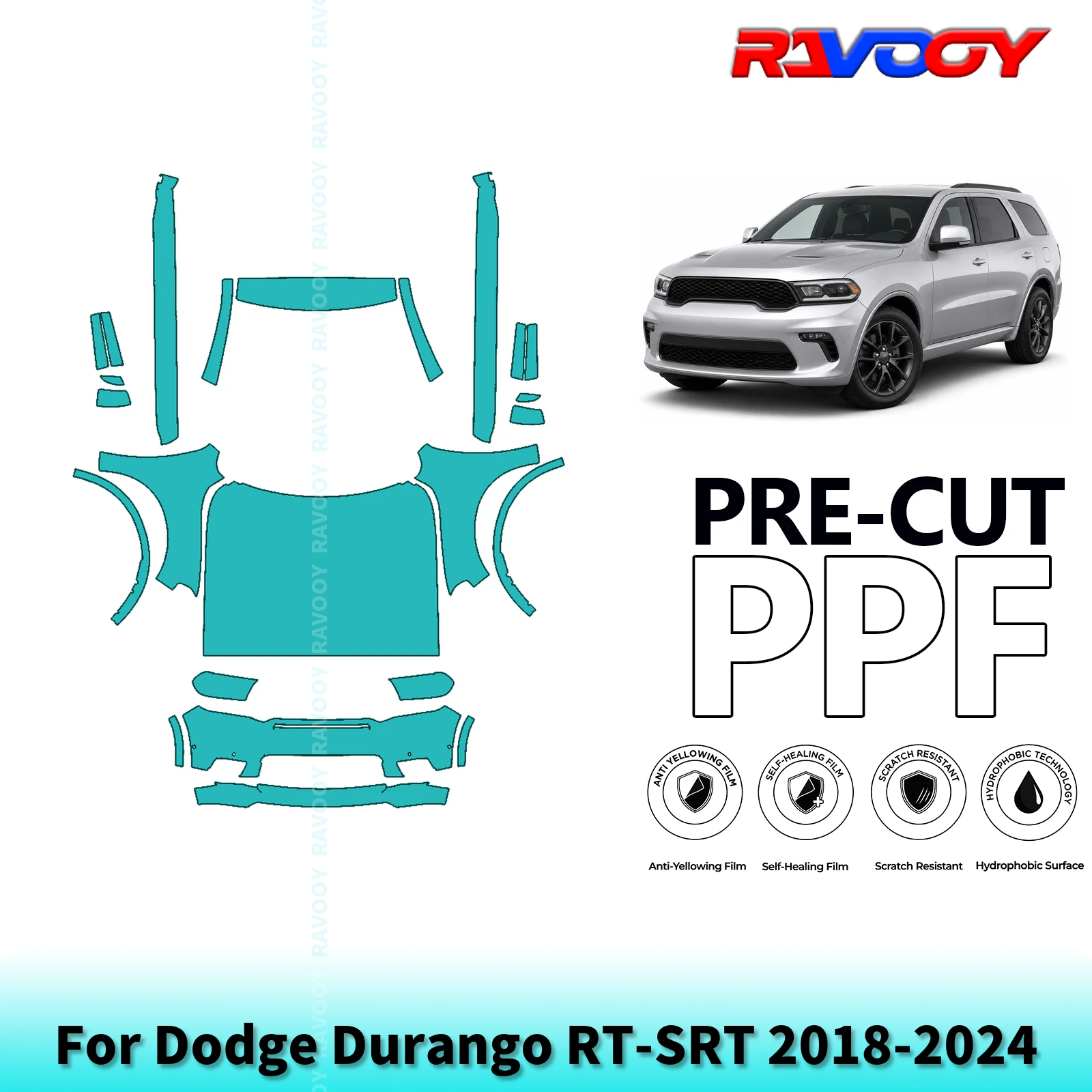 For Dodge Durango RT-SRT 2018-2024 Full Front+Rockers 8.5Mil Pre-Cut Paint Protection Film PPF Clear Bra Kit | Clear/Matte/Black