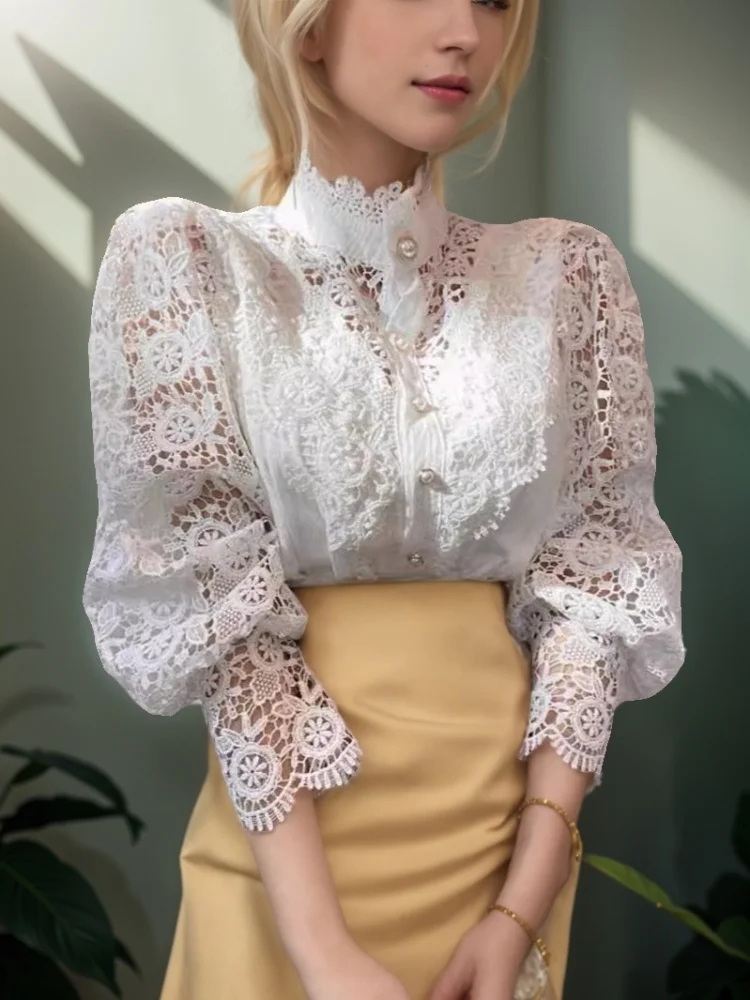 패션 홀로우 아웃 레이스 패치워크 여성 셔츠 오피스 레이디 우아한 꽃잎 소매 블라우스 봄 긴 소매 스탠드 칼라 탑스