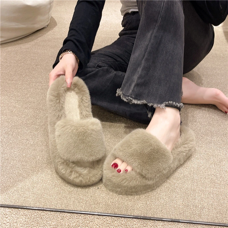 Women Furry Cute Fluffy Home Slippers Sabot Platform Hairy Plush Middle heel Fur Flat Shoe Light Soft Winter Casual Comfortable