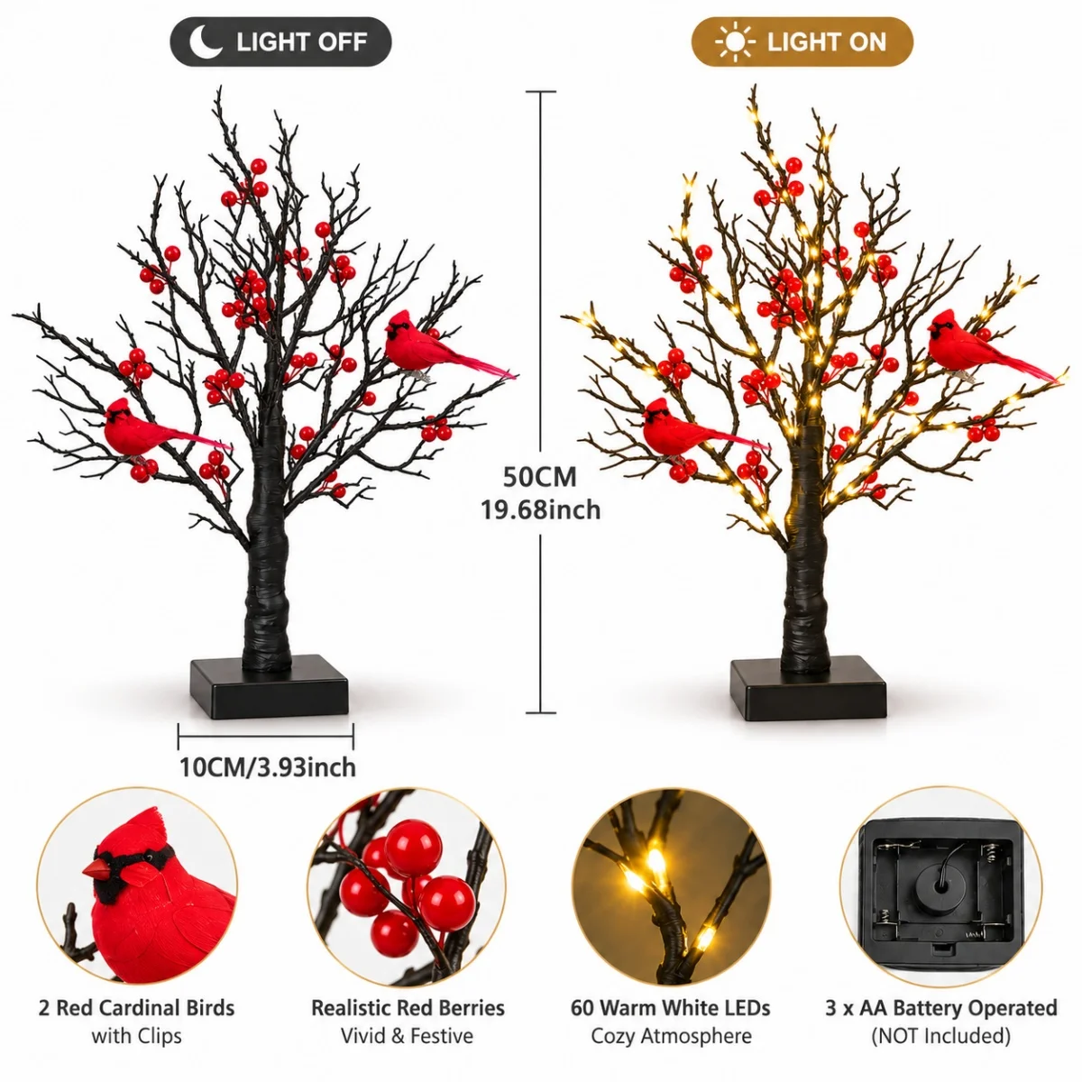 1pc 60 LED Lighted Tabletop Twig Tree With Red Berries Birds Warm Light Artificial Branch Lamp For Home Indoor Christmas Decor