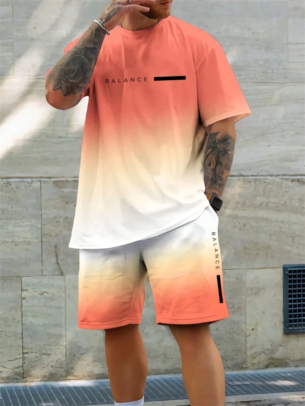 Men's Summer Two-piece Personalized Gradient Color Printed T-shirt Casual Outdoor Loose Short-sleeved Shorts Men's Clothing