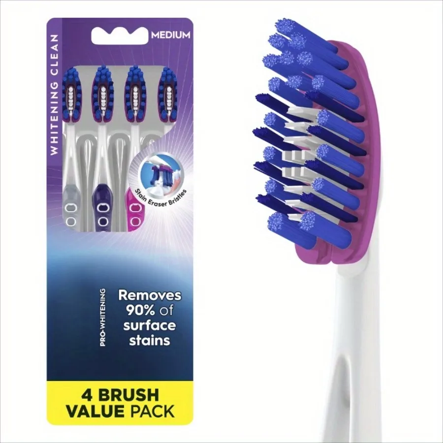 فرشاة أسنان مبيضة متوسطة الحجم مكونة من 4 قطع - شعيرات تلميع لإزالة البقع، مثالية لروتين العناية بالفم اليومي.