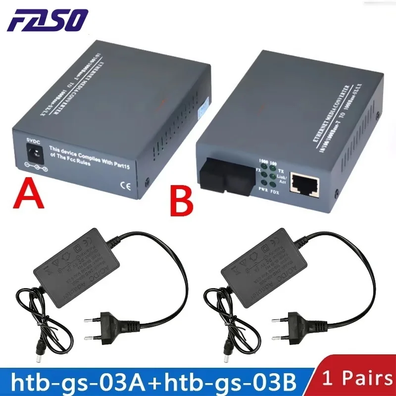 FASO 1Pair Gigabit Fiber Optical Media Converter HTB-GS-03 A&B 1000Mbps Single Mode Single Fiber SC Port External Power Supply