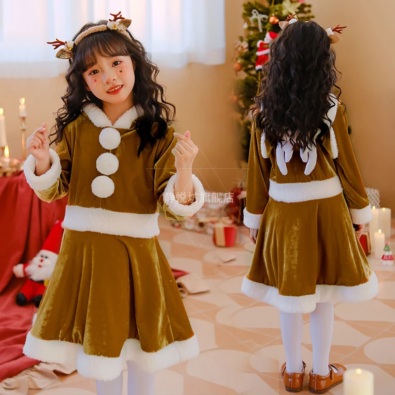 

Christmas Children Clothes Cosplay Costume Elk Christmas Hooded Dress Girls Santa Claus Long Sleeve New Year Vestidos Set Anime