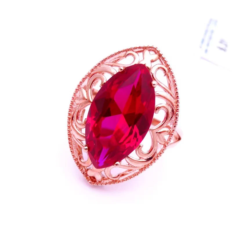 585 Purple Gold Plated 14K Rose Gold Fashionable Olive Pointed Ruby Rings for Women Palace Style Classic Banquet Jewelry