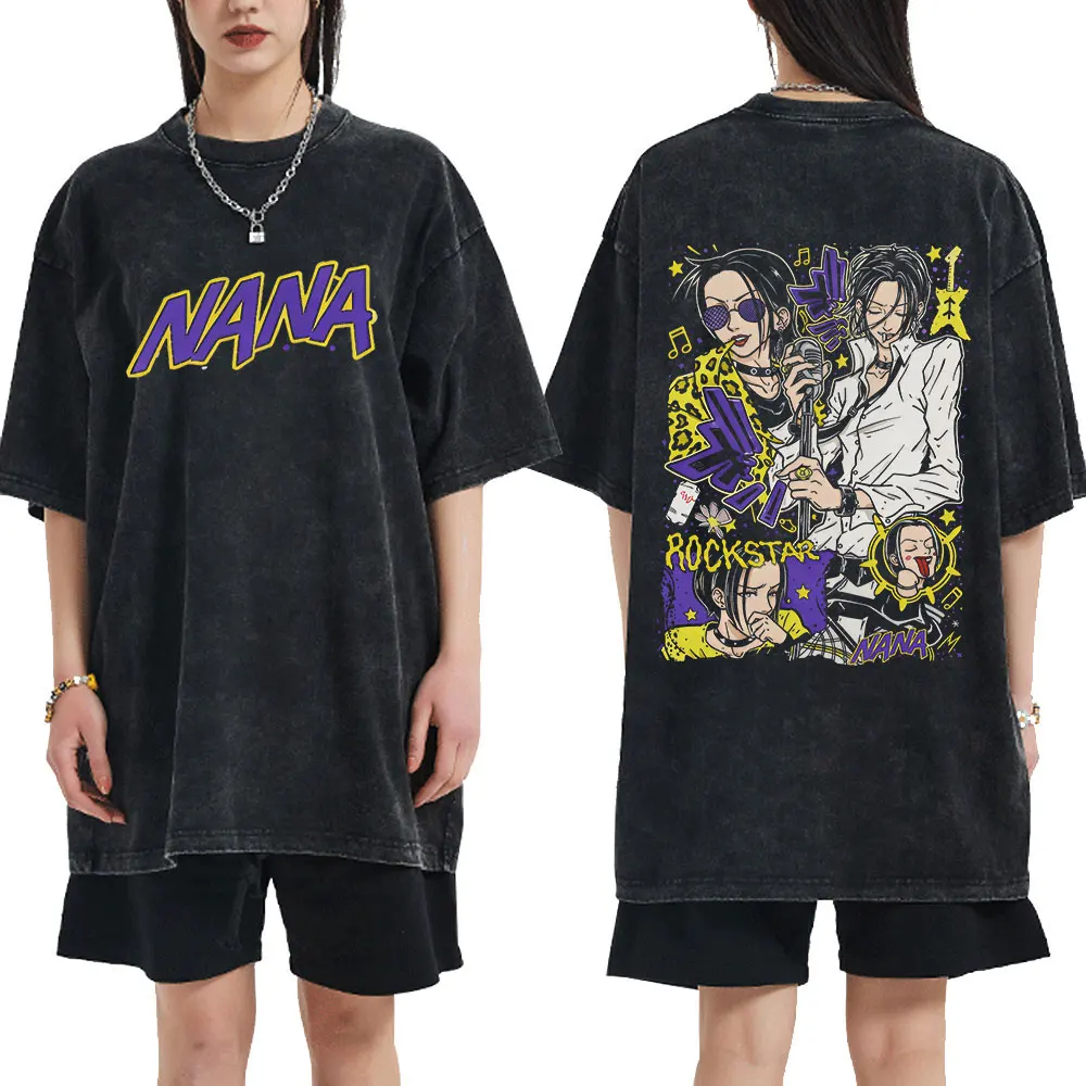 Vintage Washed Anime Nana Osaki Black Stones Rock Band T-Shirt Men's Short Sleeve Cotton High Quality Harajuku Fashion T-Shirts