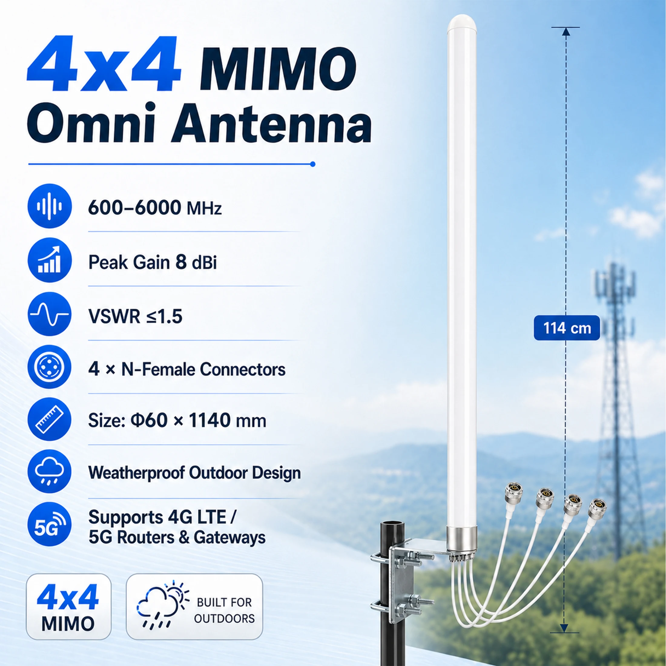 Omni Directional MIMO 4x4 Antenna 5G WiFi Outdoor 4G LTE Antennas for T-Mobile N71 Cellular Hotspots Router Gateways,600-6000MHz