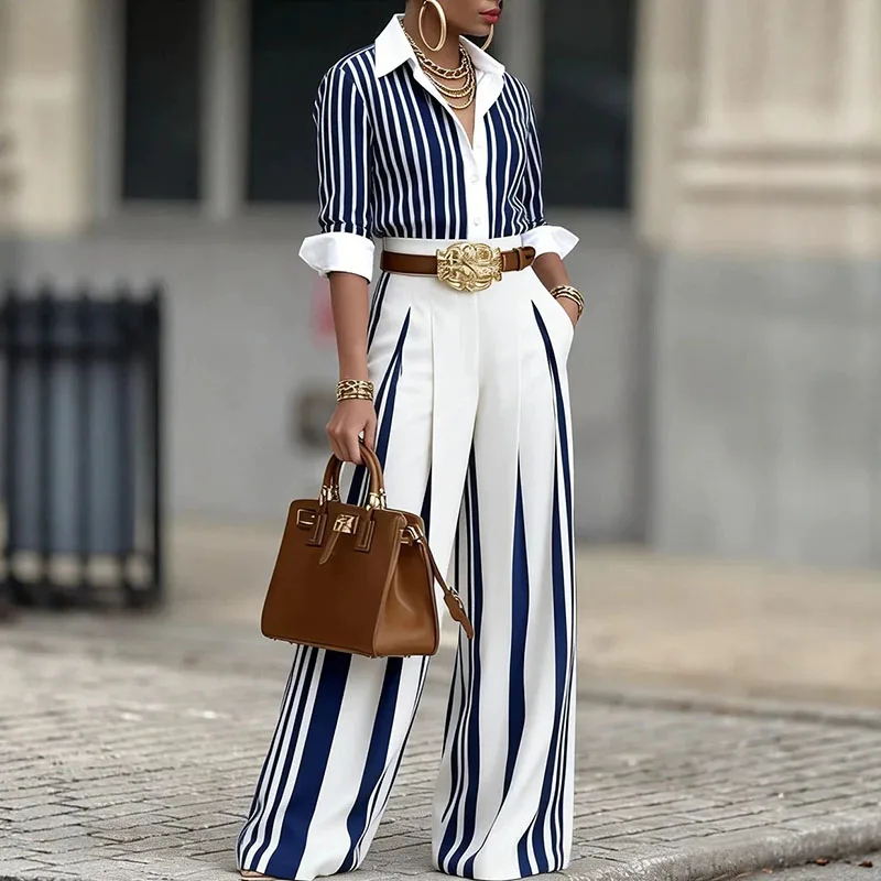 

Stylish Contrast Color Stripe Printed Shirts Pants Matching Sets Spring Summer New Lapel Blouse Commute Outfits Elegant Lady Set