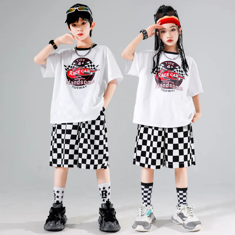 

Girls Hip Hop Black Vest White T Shirt Plaid Shorts Clothes Sets Boys Street Dance Outfits Kids Jazz Costume Children Streetwear