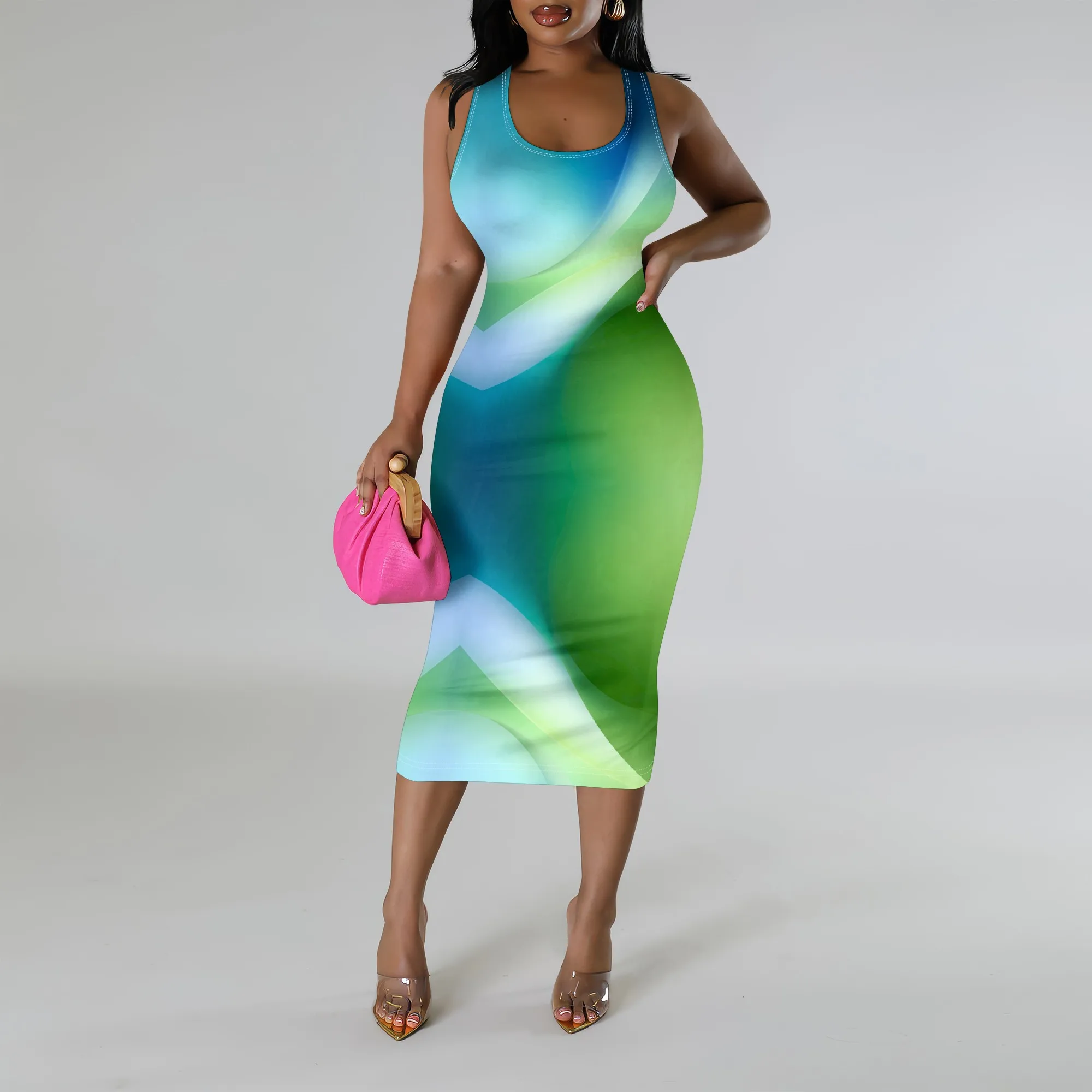 

Green Blue Gradient Midi Dress S-3XL Sleeveless Bodycon Style for Beach Vacation, Summer Brunch or Tropical Resort Look