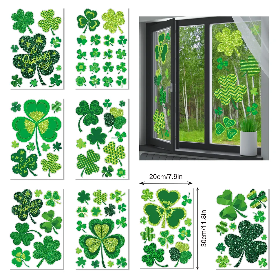 CAVLA Lot de 8 feuilles d'autocollants statiques pour fenêtre de la Saint-Patrick - Motif trèfle - Décoration pour la Saint Patrick - Fournitures de