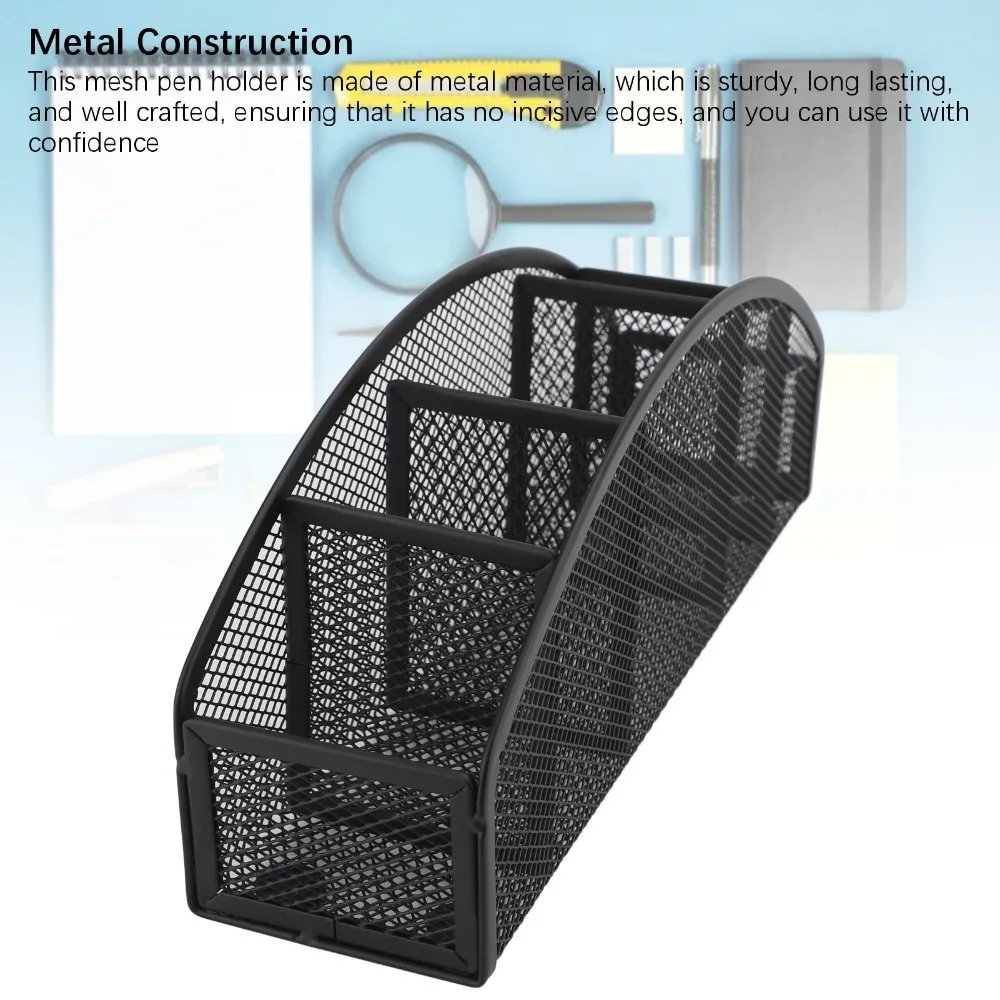 Black Metal Pen Holder Curved Metal 5 Compartment Storage Box 5 Grid Mesh Cosmetic Storage Rack Office Supplies
