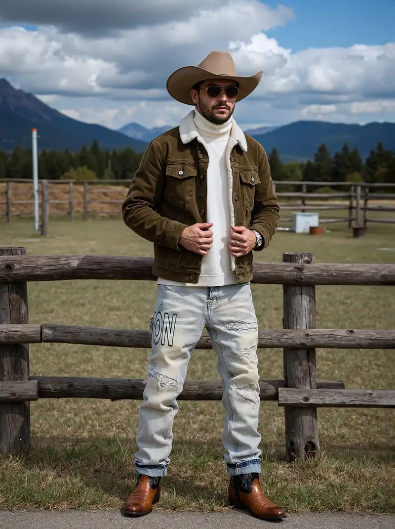 【HME】Men's Jeans | Straight‑Fit Western Style Denim Pants For Men, Light‑Wash Destroyed Denim Trousers, Loose Comfort Casual Pants, Fashion Letter Graphic Denim Bottoms, Ideal Match With Cowboy Boots For Street And Outdoor Occasions