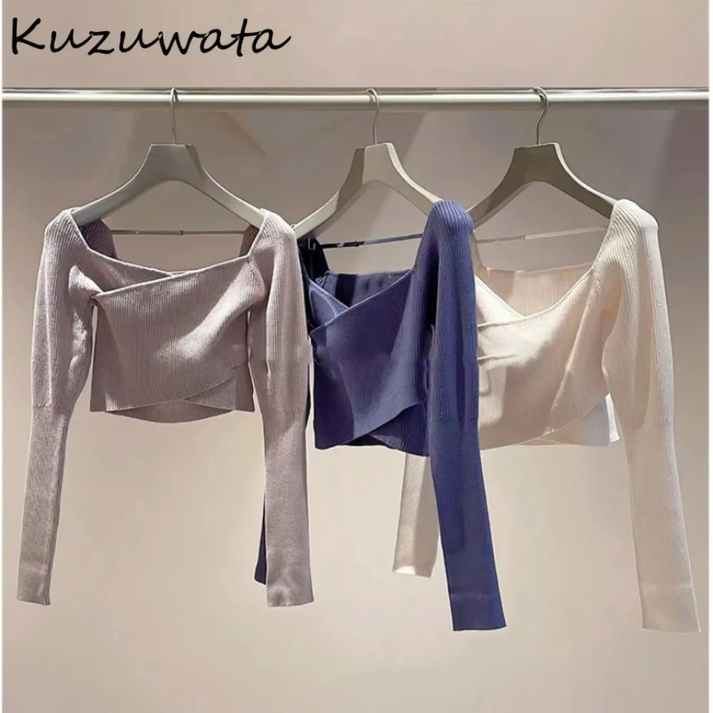 Kuzuwata Cross V Neck Long Sleeve Jumpers Fashion Solid All-match Cropped Knitted Top Japan Sweet Pullover Bottomed Sweaters