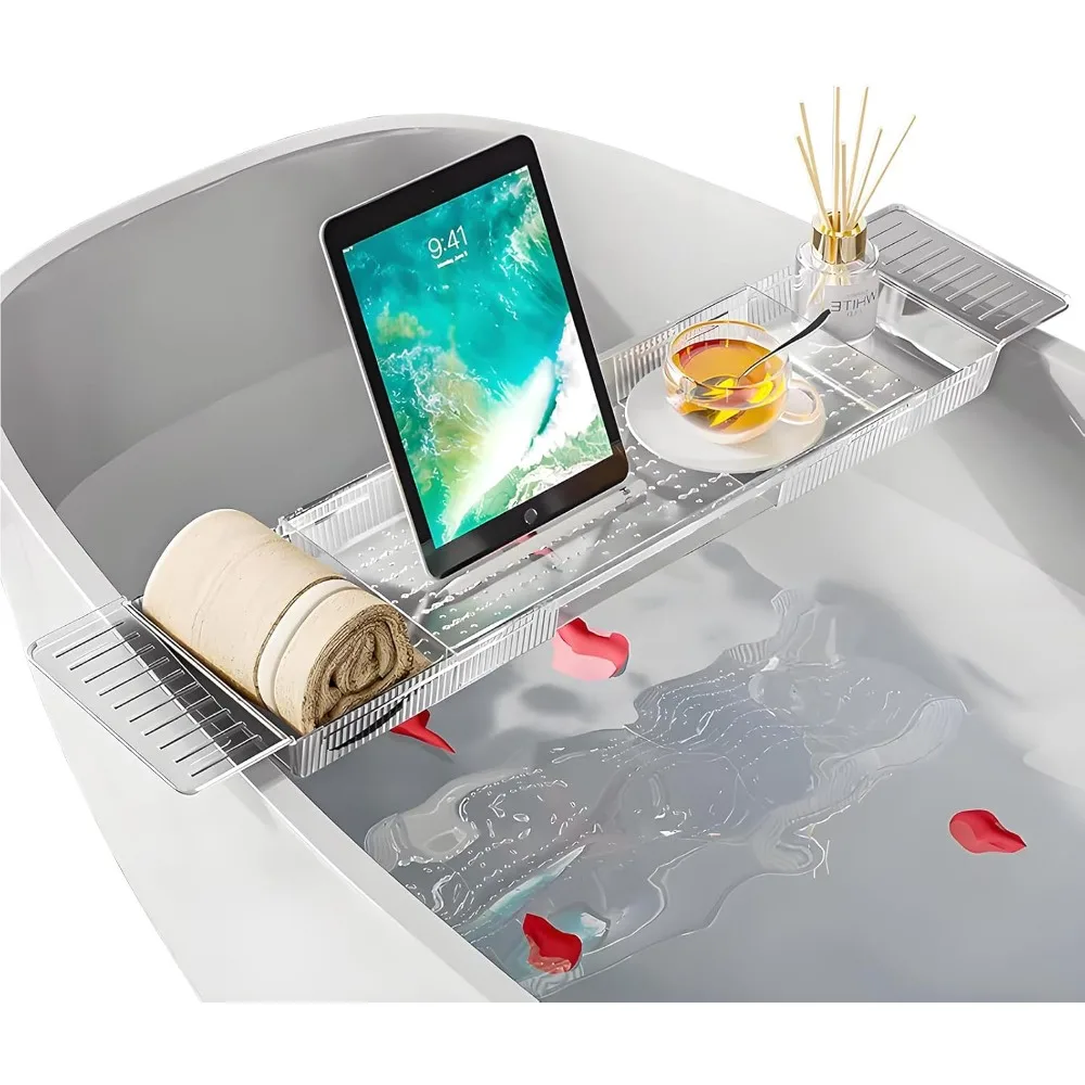 

Поднос для ванны, регулируемый спа-скользящий органайзер для ванны, прозрачный прочный акриловый расширяемый поднос с устойчивым к царапинам ковриком подходит