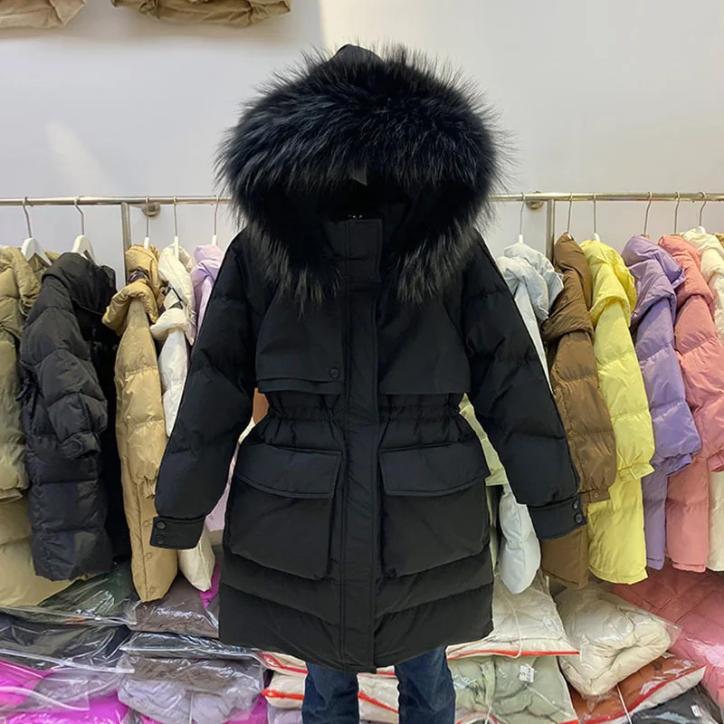 

Large Natural Raccoon Fur Hooded Long Down Coat Women Winter 90% Duck Down Parkas Female Thickness Sash Tie Up Jackets