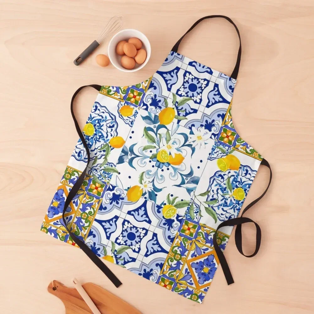 

Summer,citrus,mosaic background ,Mediterranean style,lemon fruit pattern Apron Things For The Home Restaurant Apron