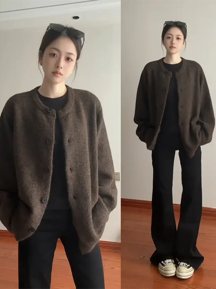 

Тяжелый вязаный кардиган свободного кроя в американском стиле для мужчин и женщин, осенне-зимний пуловер из мягкого полиэфирного волокна