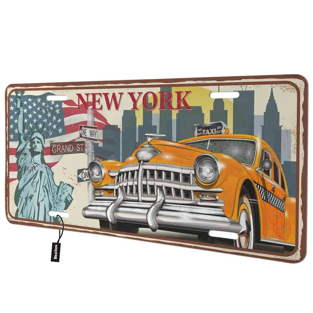 Beabes New York Front License Plate Cover,Vintage American Flag The Statue of Liberty Land Mark Retro Car Decorative License Pla