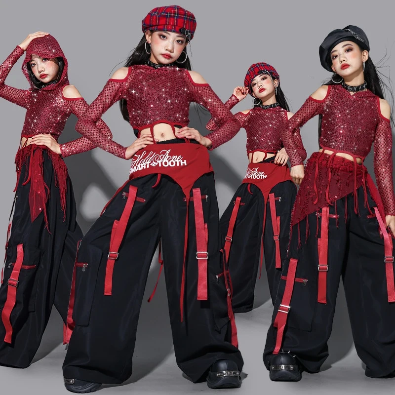 Kids Girls Jazz Dance Clothes Red Net Tops Long Sleeves Navel Performance Costumes Cargo Pants Fashion Street Clothing BL18067