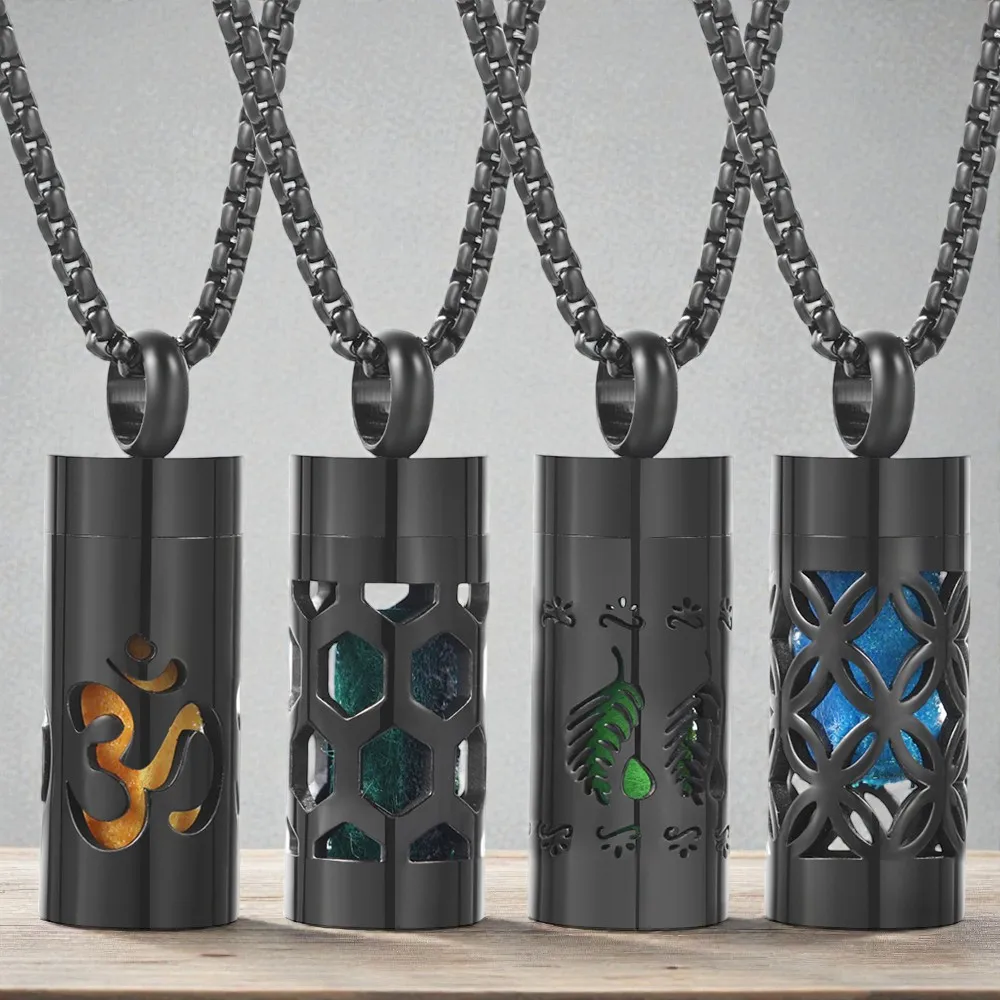 New Stainless Steel Aromatherapy Necklace Diffuser Pendant Black Cylinder Essential Oil Perfume Locket Men Women Vintage Jewelry