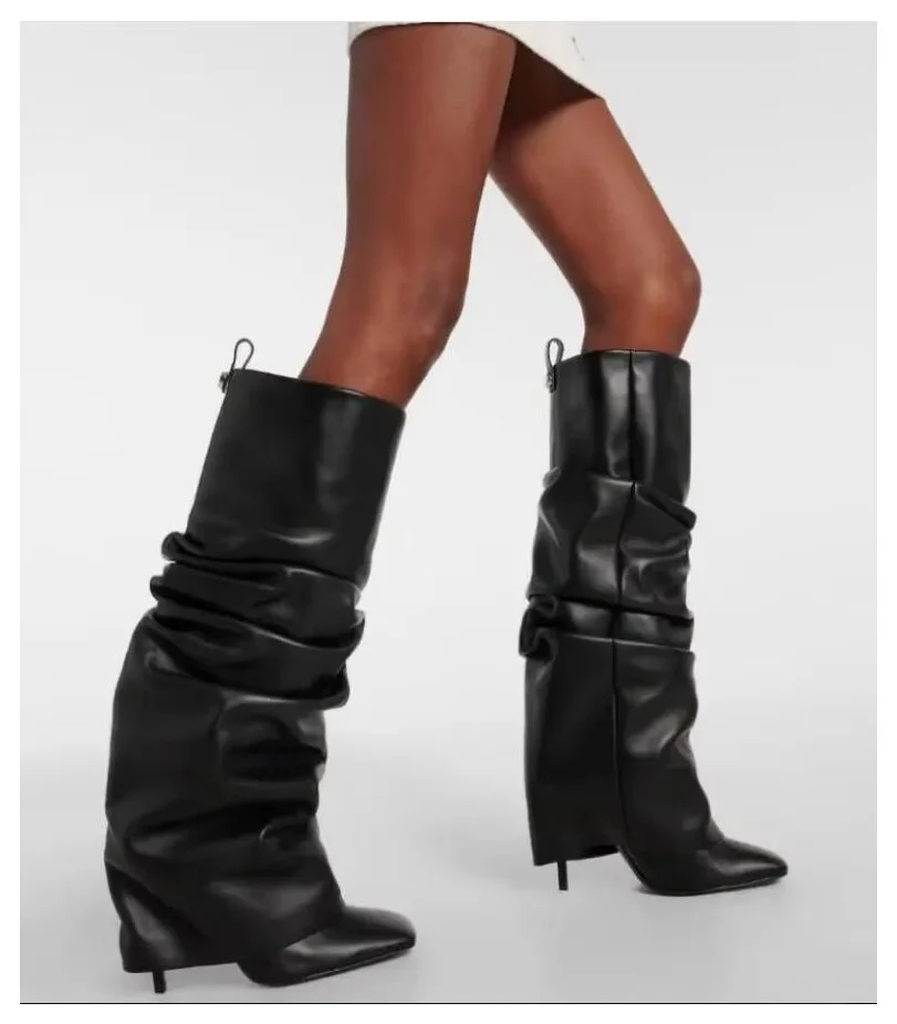 

Black Leather Tube Boots Women's Shoes Thin High Heel Square Toe Slip On Knee Length Heeled Knight Slouch Long Boot