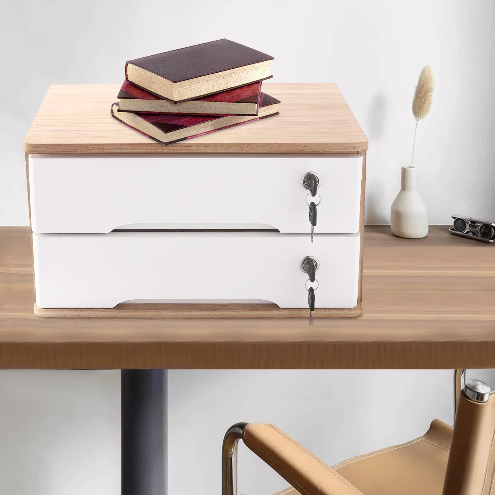 

2-Layer Locked Cabinet - Wood + White For Home Living Room To Store
