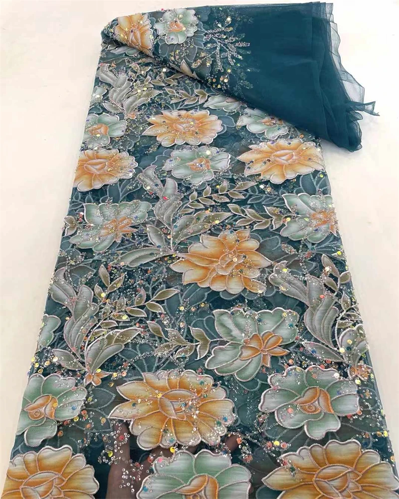 Paillettes nigeriane di alta qualità con perline africane con pizzo di perle Tessuto di pizzo francese in tulle per cucito di abiti da festa