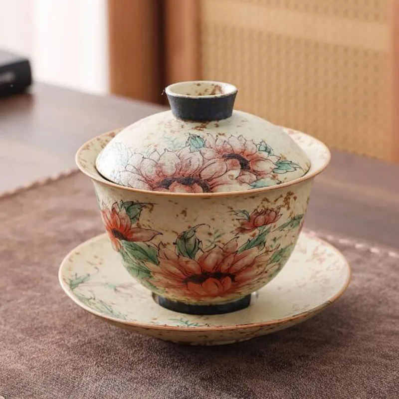 Coarse Pottery Blue and White flint Red Sunflower Pattern Sancai Gaiwan Kungfu Tea Cup Floral Tea Infuser Bowl Kitchen Teaware