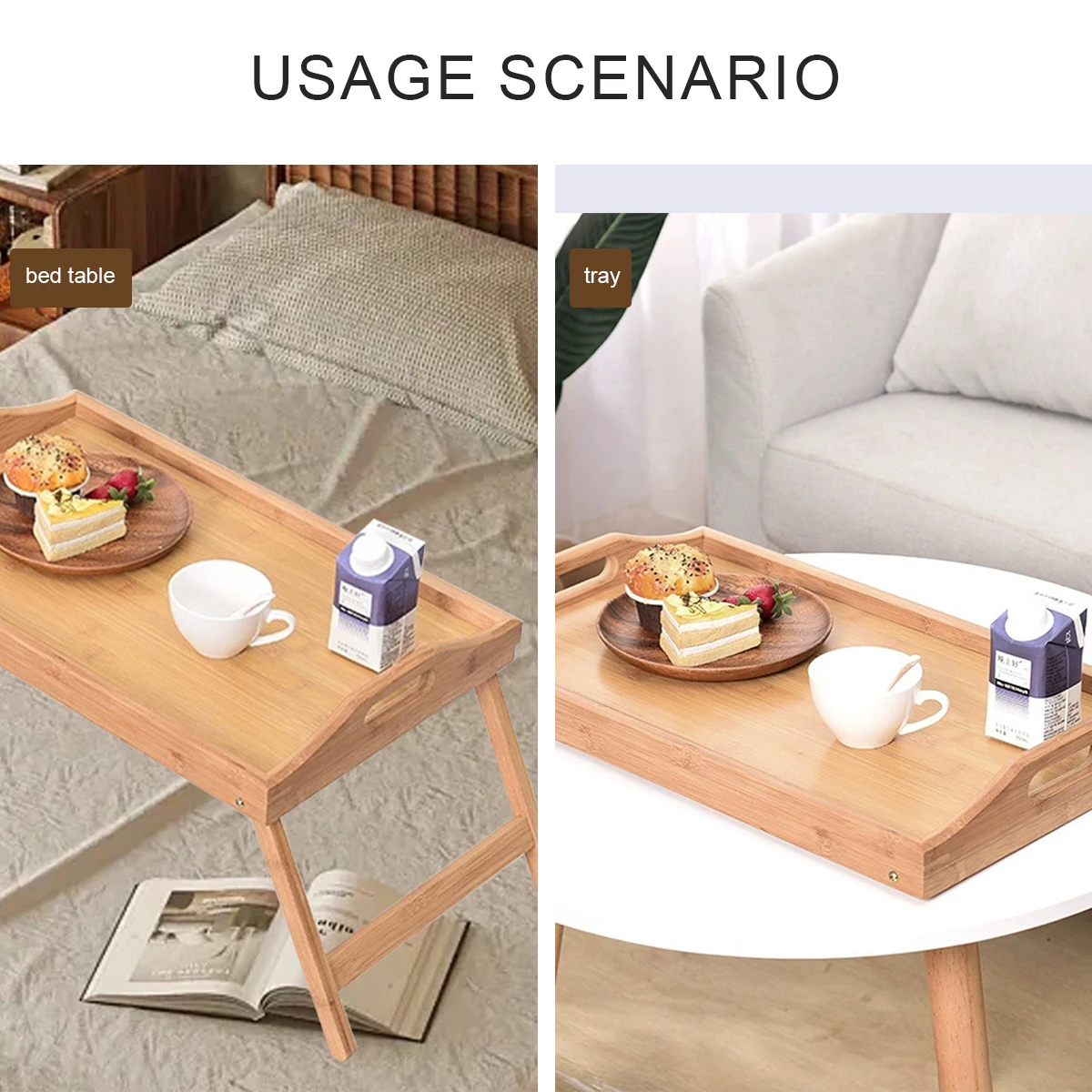 طاولة صينية إفطار قابلة للطي من الخيزران مع مقابض - كمبيوتر محمول متعدد الاستخدام، صينية للوجبات الخفيفة للسرير أو الأريكة أو التلفزيون