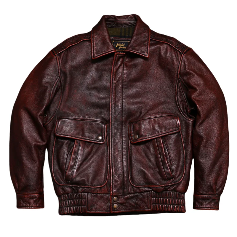 Red Brown Winter Leather Jacket Men Vintage Style Plus Size 5XL Genuine Natural Thick Cowhide Cotton Lining Flight Leather Coat