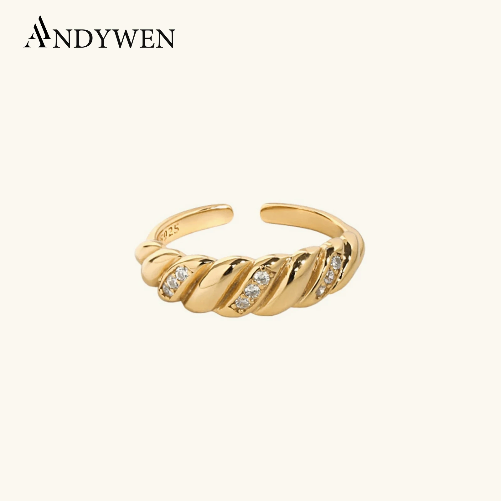 ANDYWEN 925 Sterling Silver Gold Clear Zircon Twist Resizable Irregular Geometric Resizable Rings Women Rock Punk Luxury Jewelry