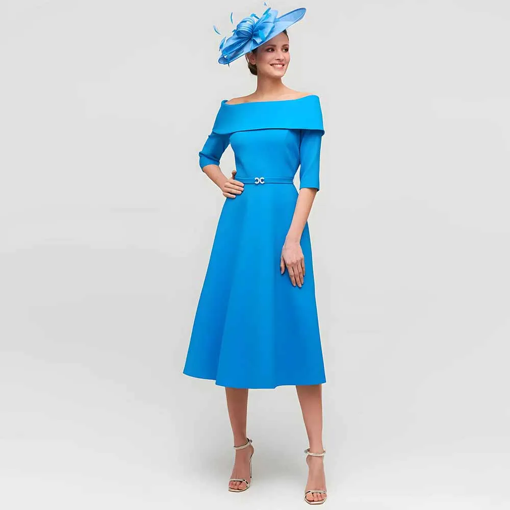 

A-line Class Wedding Mom Dresses Formal Crepe Fabric Prom Dress Blue Off-the-shoulder Belt Ruched Mother of the Bride Dress Midi
