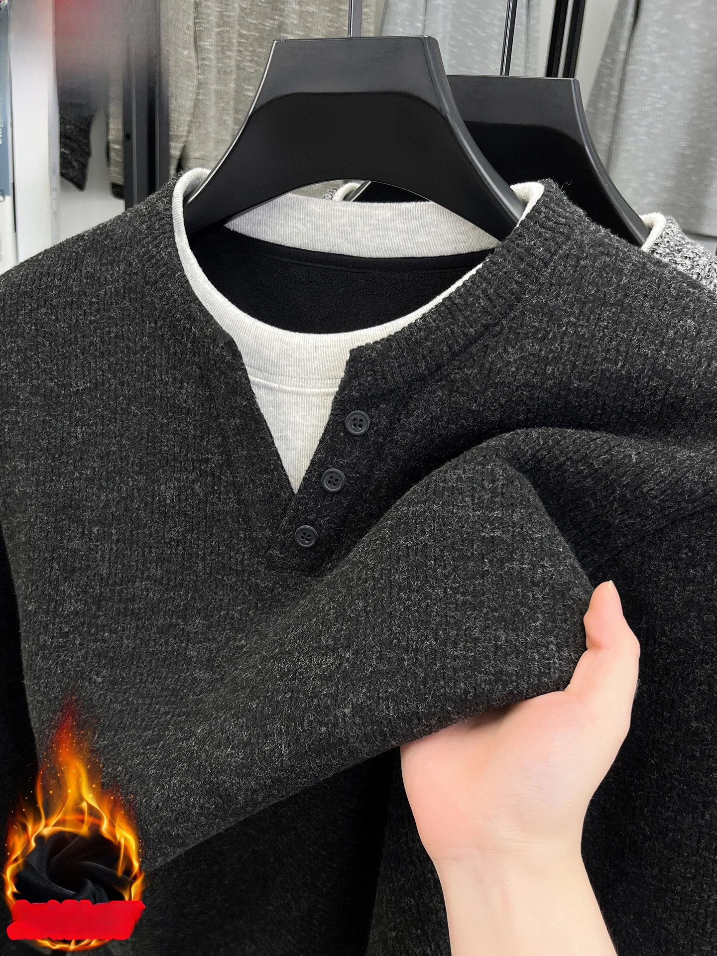 

Теплая флисовая толстовка с круглым вырезом и имитацией двухслойности, вязаная мужская футболка-поддевка, модный городской стиль, зимний повседневный топ