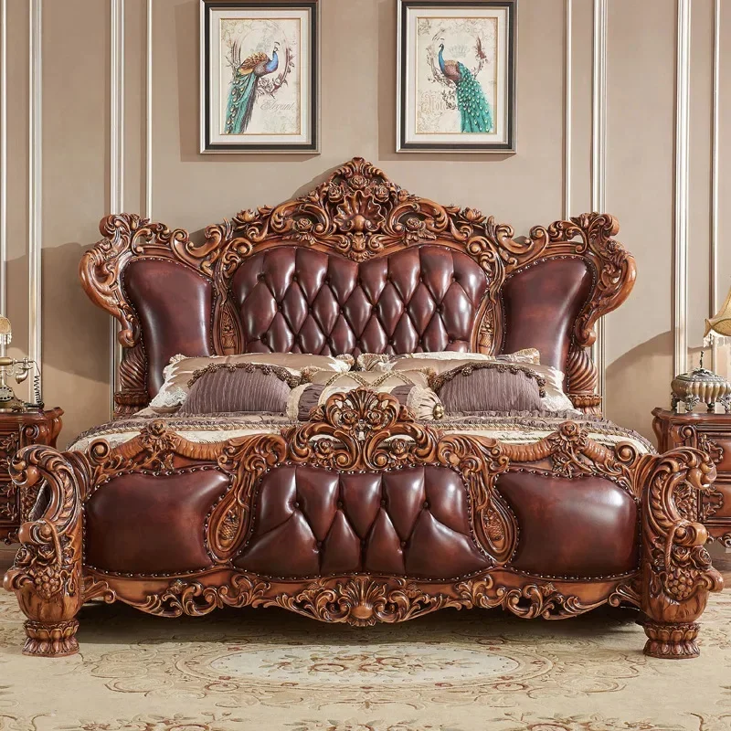 DSA European solid wood double bed luxury master bedroom marriage bed large apartment villa bedroom leather lotus carved bed